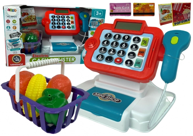 Kinderkasse mit Taschenrechner und Gemüsekorb