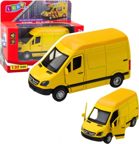 Metall-Lieferwagen 1:32 mit Aufziehantrieb, Licht und Sound – Gelb