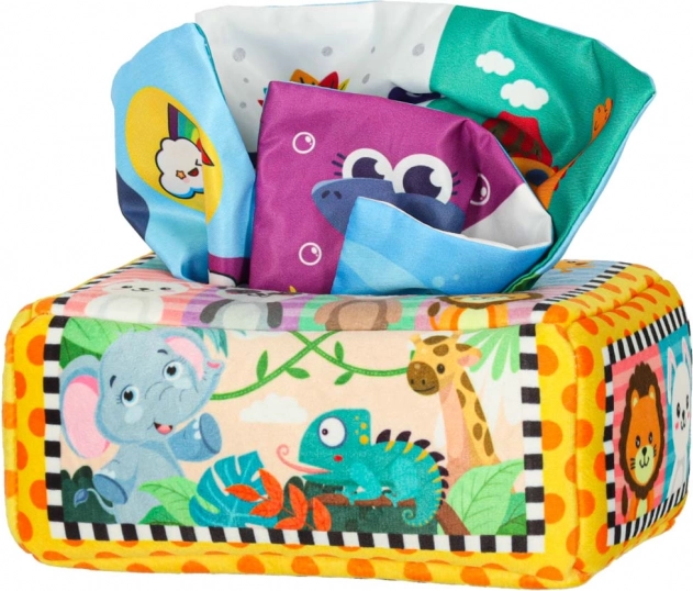 Montessori-Sensorikbox mit bunten Taschentüchern und Tierchen