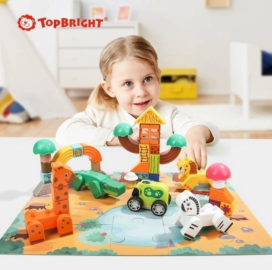 Holzbausteine und Puzzle Safari Top Bright