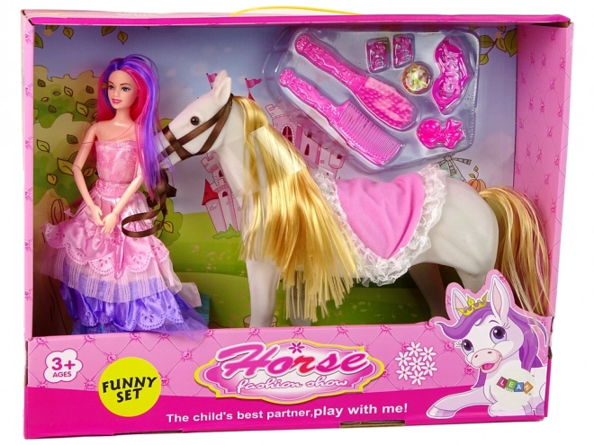 Prinzessinnenpuppe mit weißem Pony und Zubehör