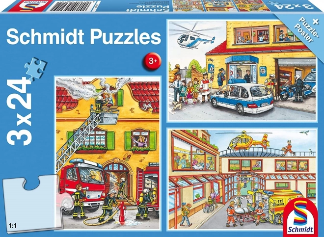 Schmidt Puzzle Polizei, Feuerwehr, Rettungskräfte 3x24 Teile