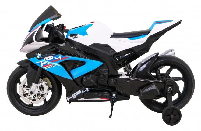 Kinder-Elektromotorrad BMW HP4 Blau + Stützräder + sanfter Start + EVA + MP3 LED