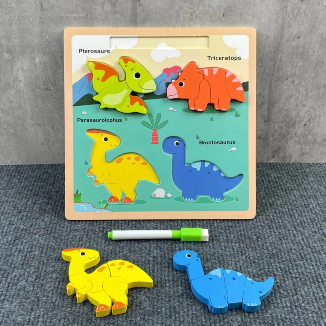 Holz Lernpuzzle Dinosaurier mit Zeichentafel