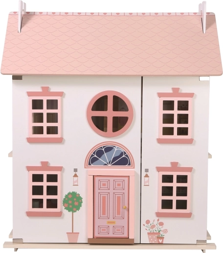 Holz-Puppenhaus mit rosa Dach und Zubehör