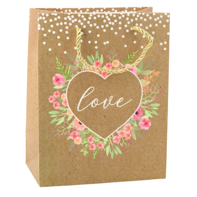 Geschenktasche mit Aufschrift Love und Blumen