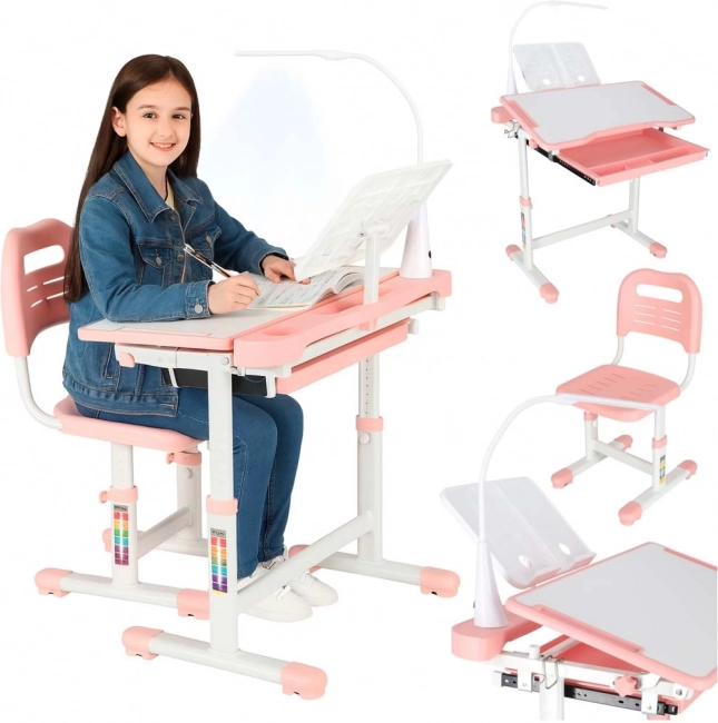Mitwachsender Kinderschreibtisch mit Stuhl und LED-Lampe, rosa