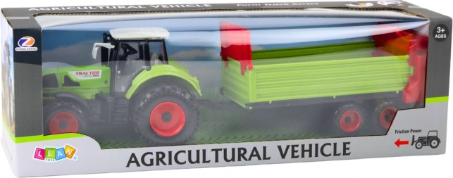 Traktor mit Anhänger, Schwungrad-Antrieb, aufklappbare Motorhaube und Türen, grün