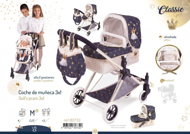 Puppenwagen 3 in 1 XL mit Tasche Classic Gold