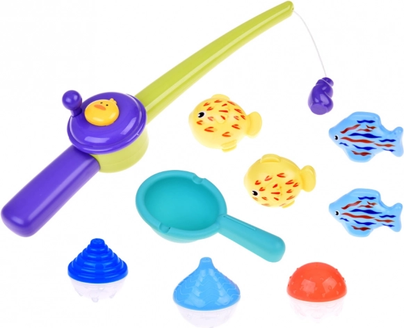 Blauer Wassertisch mit Mühlrad und Angelzubehör