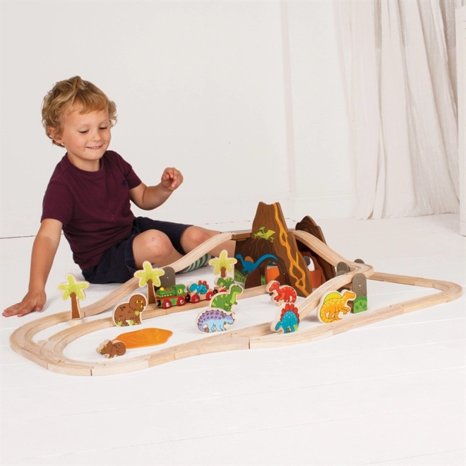 Bunte Dinosaurierfiguren und Zug
