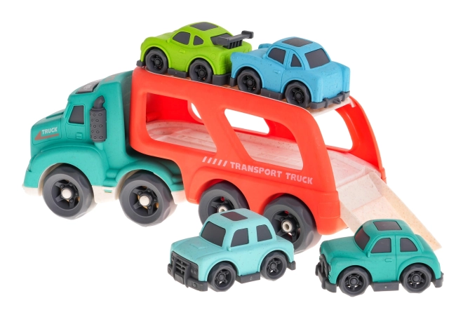 Interaktiver Spielzeugtrailer mit Autos aus Bioplastik – Türkis-rot