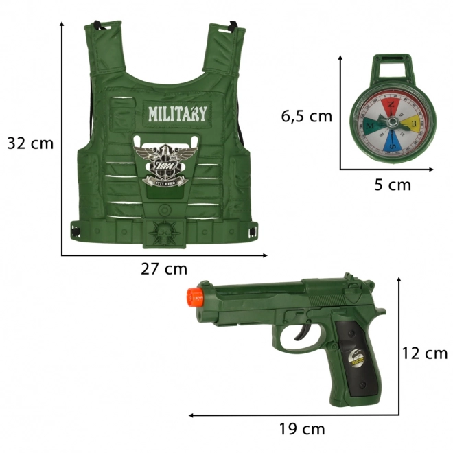 Militärset mit Weste, Gewehr und Fernglas