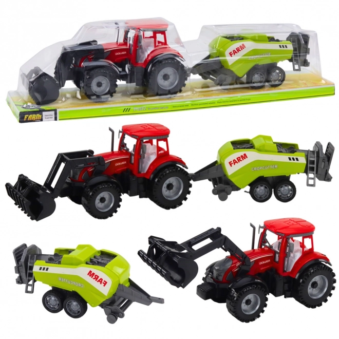 Roter Traktor mit Frontlader und Ballenpresse