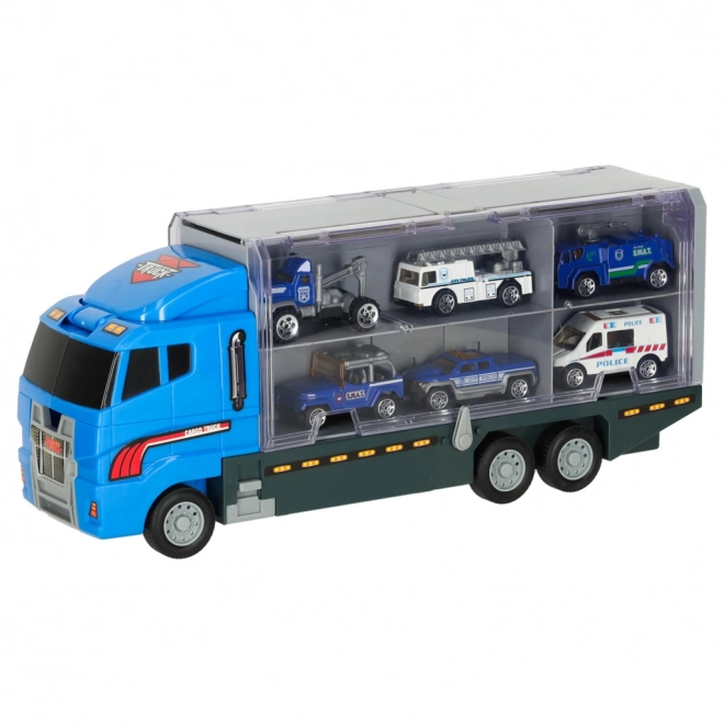 Transporter-LKW mit Abschussrampe und Polizeiautos