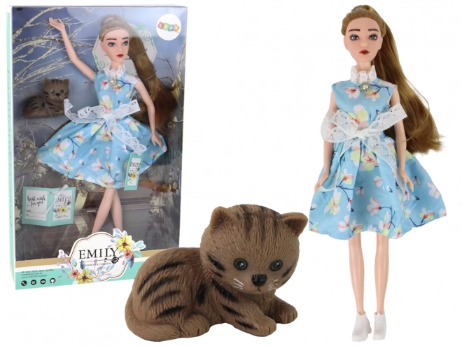 Puppe Emily Frühling Blaue Kleid Mit Katze