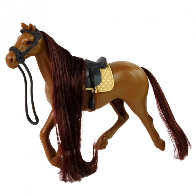 Pferd mit langer Mähne und Zubehör in braun