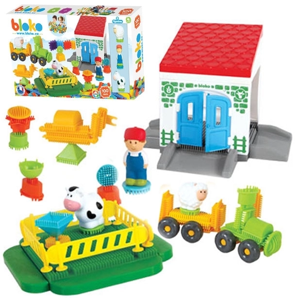 Mochtoys Steckbausteine Pin Bricks Farm im Karton 100 Stk + 3 Figuren
