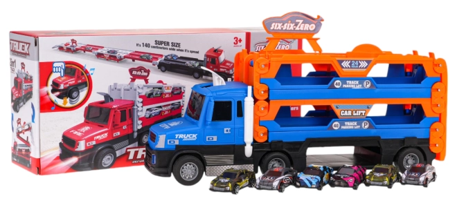 Roter 2-in-1-Lkw mit Abschussrampe und Zubehör – blau