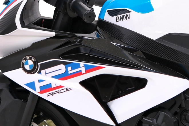 Kinder-Elektromotorrad BMW HP4 Weiß + Stützräder + sanfter Start + EVA + MP3 LED