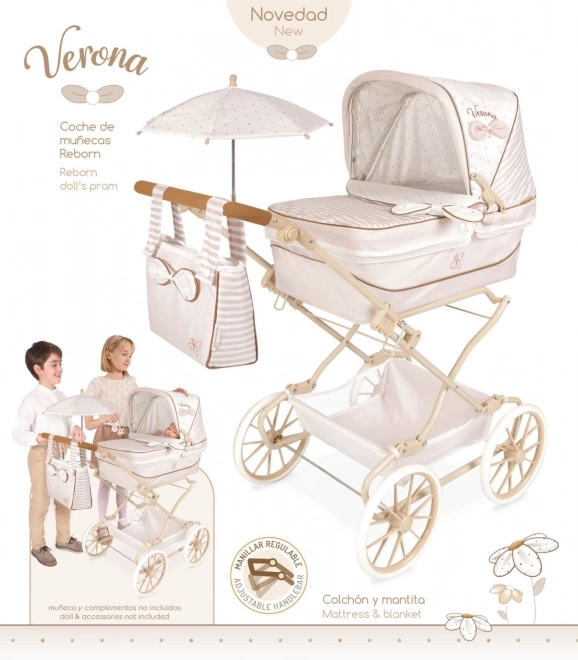 Klappbarer Puppenwagen für Reborn-Puppen mit Sonnenschirm und Zubehör Verona
