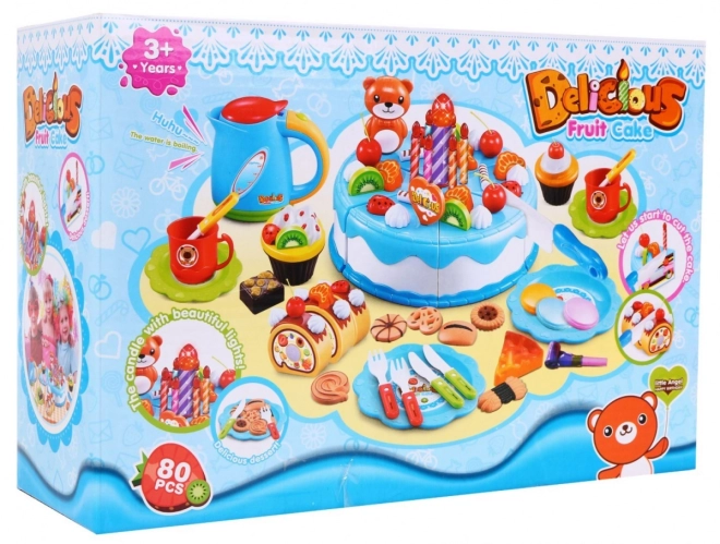 Party-Set für Kinder 3+ Rosa Kuchen mit Süßigkeiten und Interaktive Kerze 80 Teile – blau