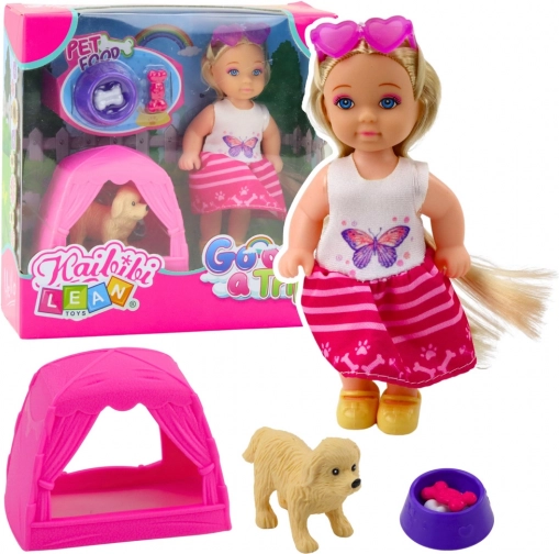 Mini-Puppe mit Hund, Zelt und Zubehör
