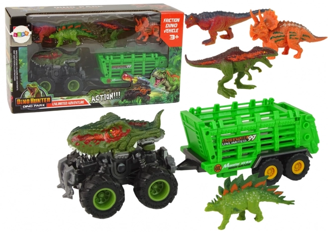 Dino-Schlepper mit Anhänger und 4 Dinosaurierfiguren
