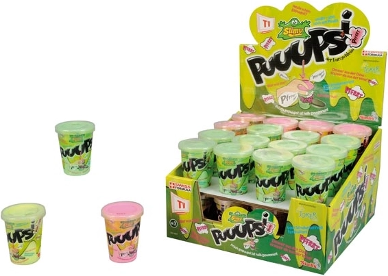 Schleim Furz-Schleim im Becher, 3 Sorten, Display 32 Stück