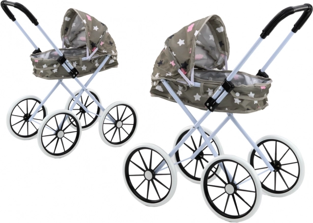 Puppenwagen mit großen Rädern und klappbarem Verdeck - grau mit Sternen und Wolken