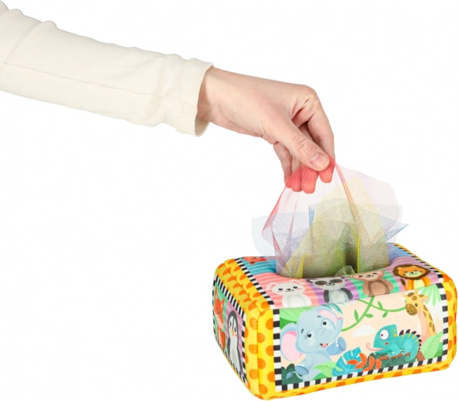 Montessori-Sensorikbox mit bunten Taschentüchern und Tierchen