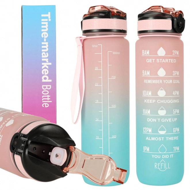 Rosa Wasserflasche mit Trinkhalm und Motivationsmarkierungen 1L – rosa-blau