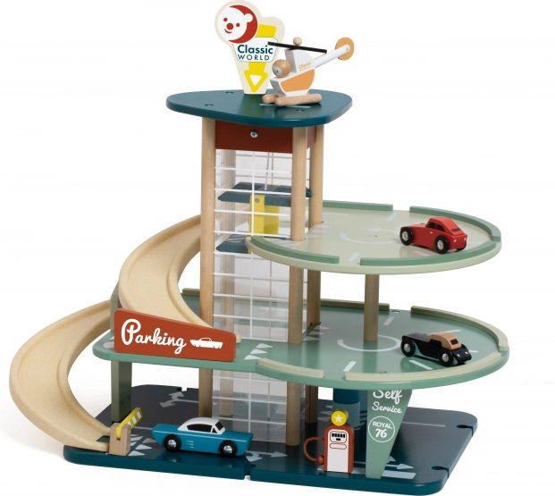 Classic World mehrstöckiges Parkhaus mit Autos, Helikopter, Waschanlage und Tankstelle