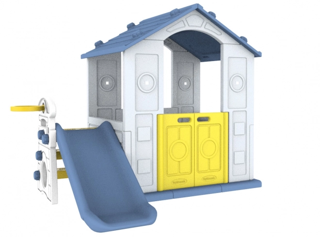 Gartenhaus 3-in-1 für Kinder mit blauem Dach, Rutsche und Basketballkorb