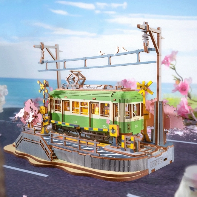 3D Holzpuzzle Japanische Straßenbahn mit Kirschblüten