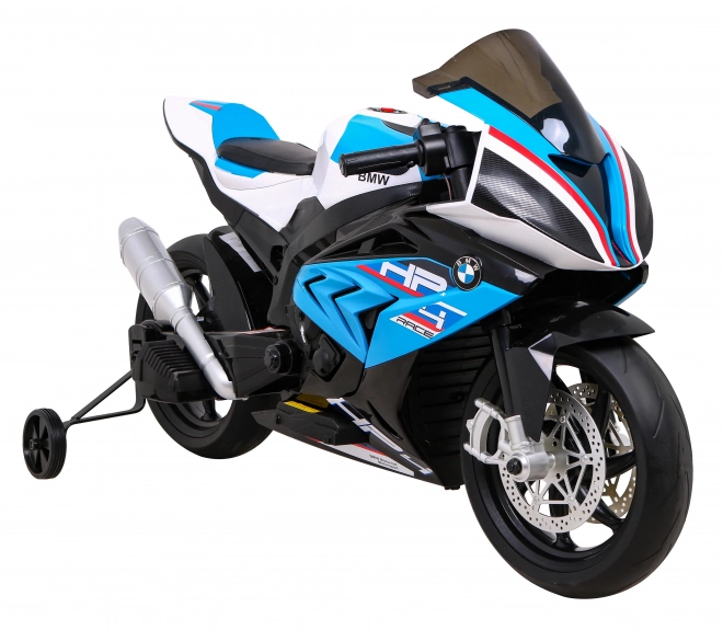 Kinder-Elektromotorrad BMW HP4 Blau + Stützräder + sanfter Start + EVA + MP3 LED
