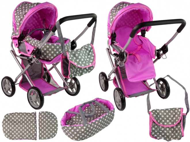 Puppenwagen 2-in-1 Grau Rosa Sterne