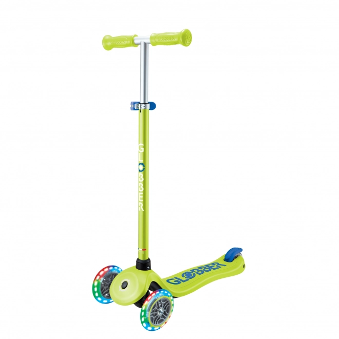 Dreirädriger Kinderroller Globber Primo Plus Lights V2 in Limegrün mit leuchtenden Rädern