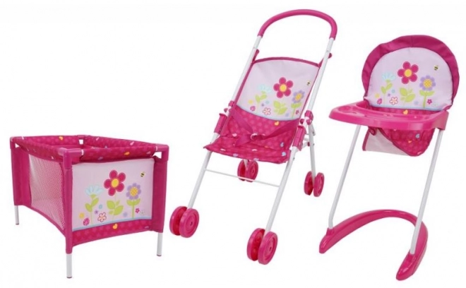 3-teilige Spielset, Kinderwagen, Stuhl und Bettchen - Blumen