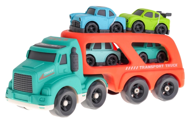 Interaktiver Spielzeugtrailer mit Autos aus Bioplastik – Türkis-rot