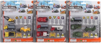 Set aus Metallautos mit Verkehrsschildern