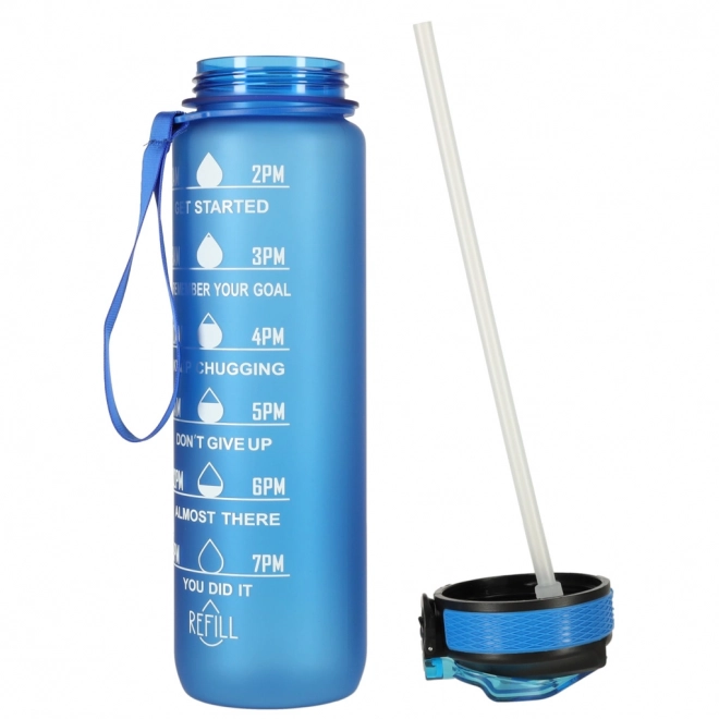 Rosa Wasserflasche mit Trinkhalm und Motivationsmarkierungen 1L – Blau