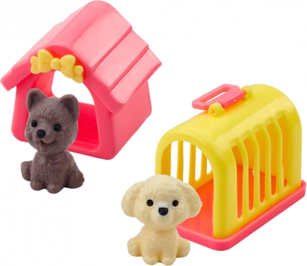 Satz Mini Puppe mit Kleidchen Hunden Hundehütte Transportbox