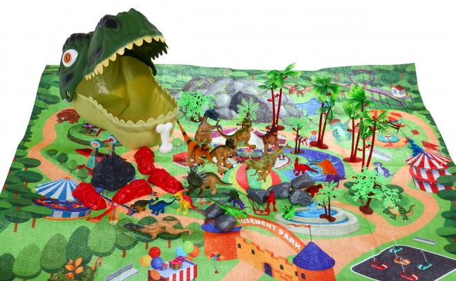 Dinosaurierwelt-Figurenset mit Dinosaurierkopf und Landschaftsmatte für Kinder ab 3 Jahren