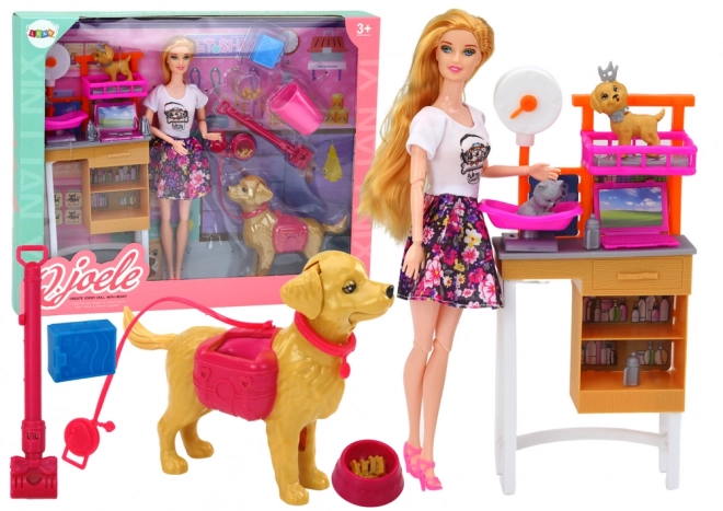 Erlebnis-Set mit Puppe und Haustieren – tierärztliche Pflege und Grooming