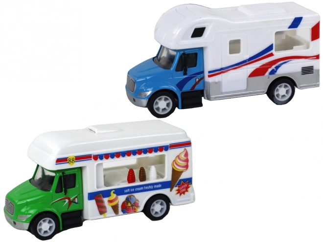 Set aus Wohnmobil, Lkw, Rettungswagen und Eisdiele mit Friktionsantrieb 1:87