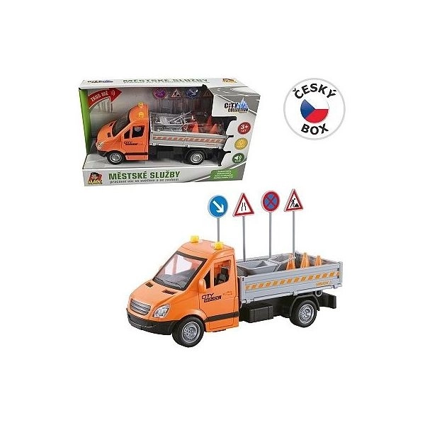 Stadtservice-Fahrzeug mit Verkehrszeichen - mit Schwungrad