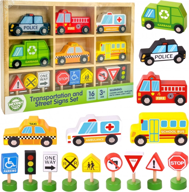 Woopie Green Holzset für Fahrzeuge und Verkehrszeichen