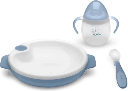Set aus Thermoteller mit Silikonlöffel und Becher, Powder Blue