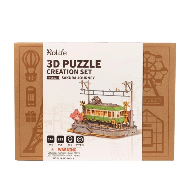 3D Holzpuzzle Japanische Straßenbahn mit Kirschblüten